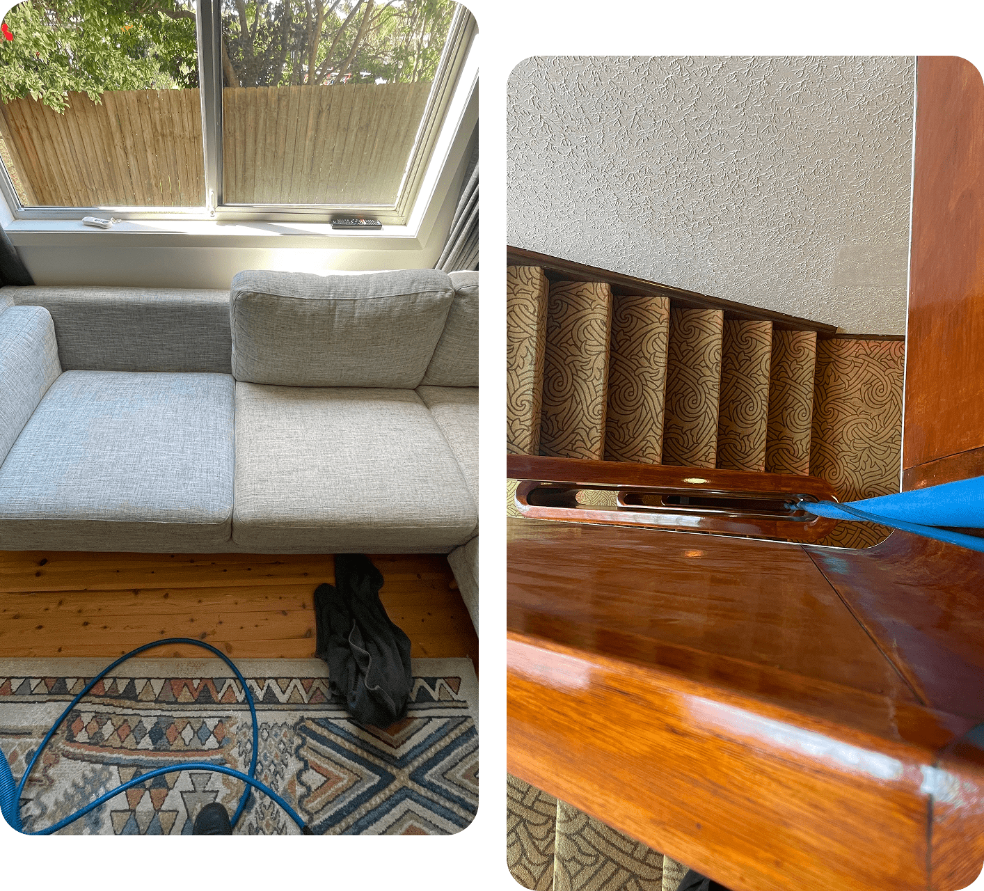 A vacuum cleaner is set up next to a gray sofa in a living room. The adjoining image shows a stairway with patterned carpet being cleaned.
