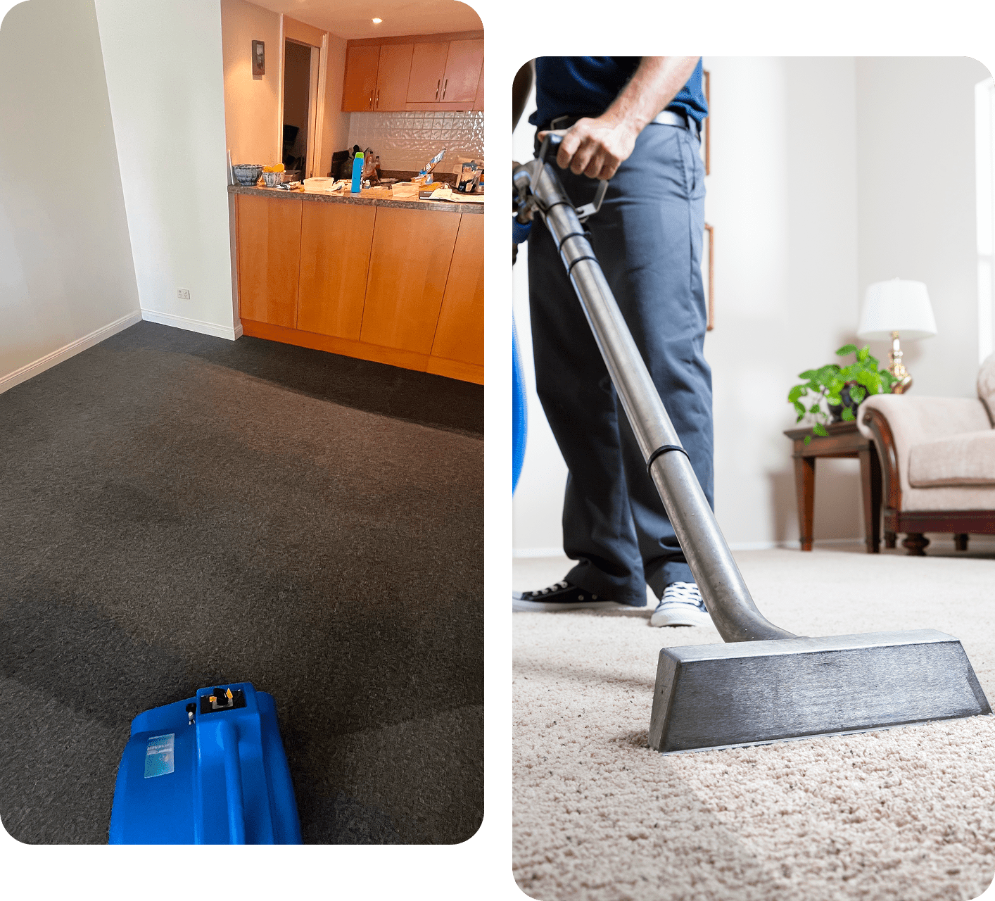 Two-part image: Left shows an empty room with a carpet cleaner; right shows a person vacuuming beige carpet in a living room.