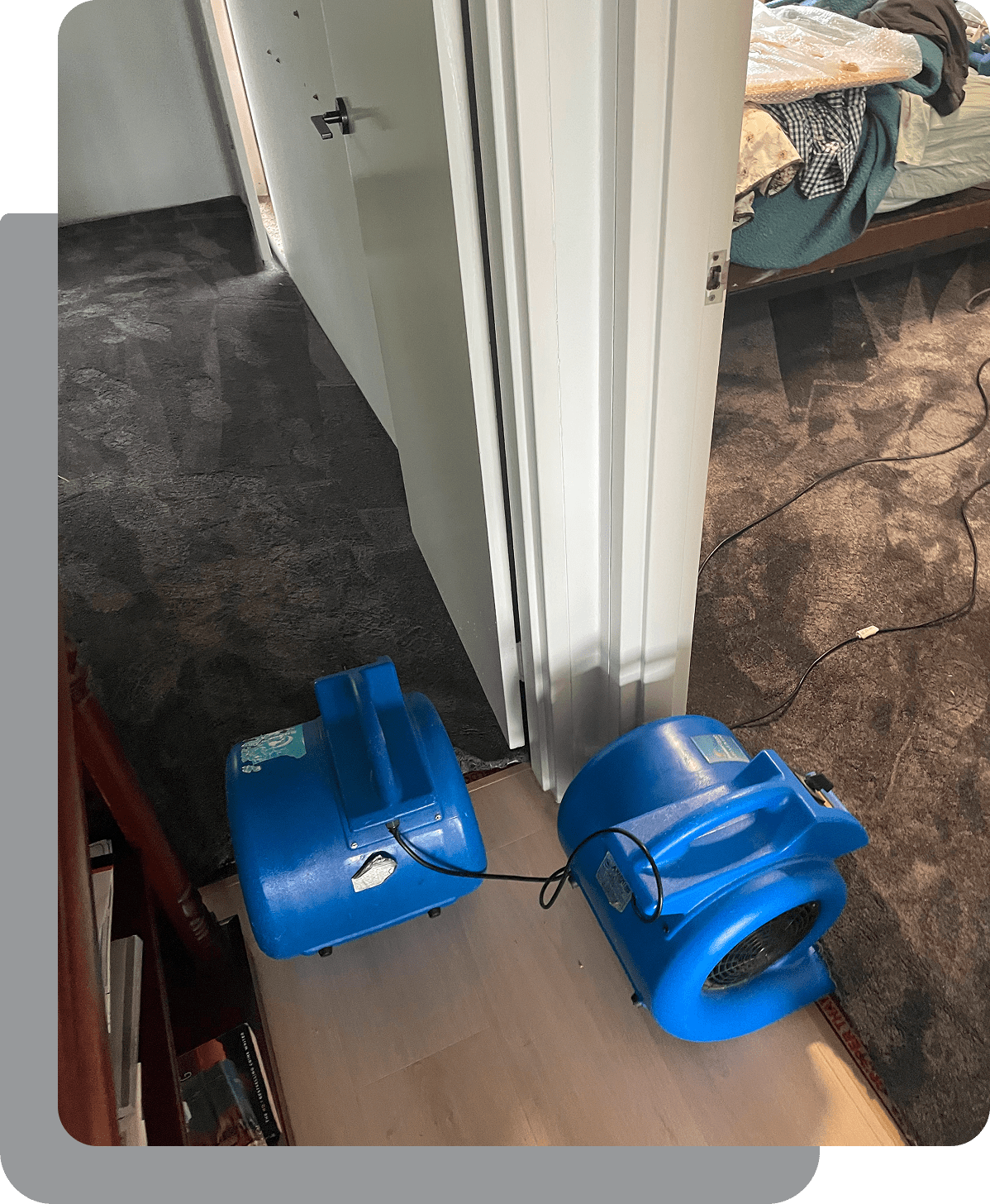 Two blue air movers placed at the entrance of a room with a bed, drying a wet carpeted floor. A cord is visible in the foreground.