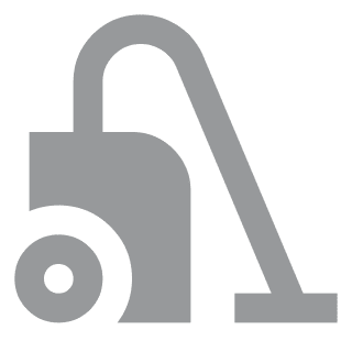 A gray icon of a vacuum cleaner with a round wheel, a handle, and a hose attachment.